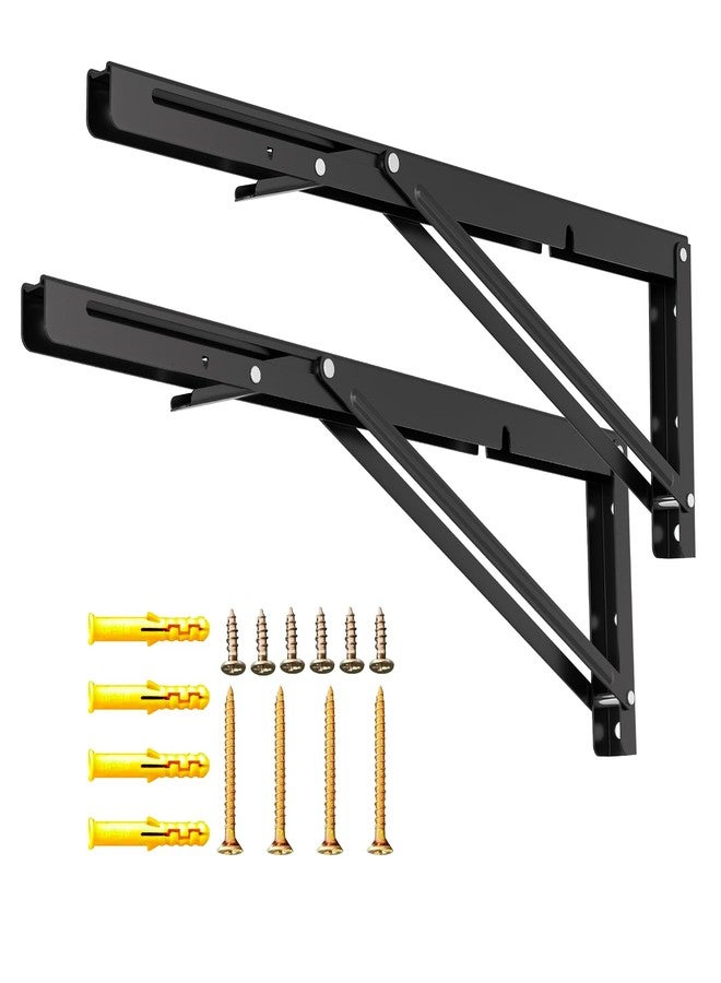 LSK Folding Shelf Brackets, 16 Inch Heavy Duty Collapsible Shelf Bracket, Wall Mounted L Table Hinges Brackets for Bench Table, Space Saving DIY Black Bracket, Max Load 220lb, Pack of 2 - Image 1
